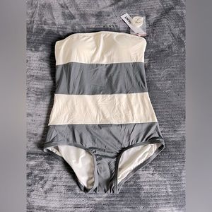 DKNY Tube Top One Piece swimsuit- Gray and Off White Stripes